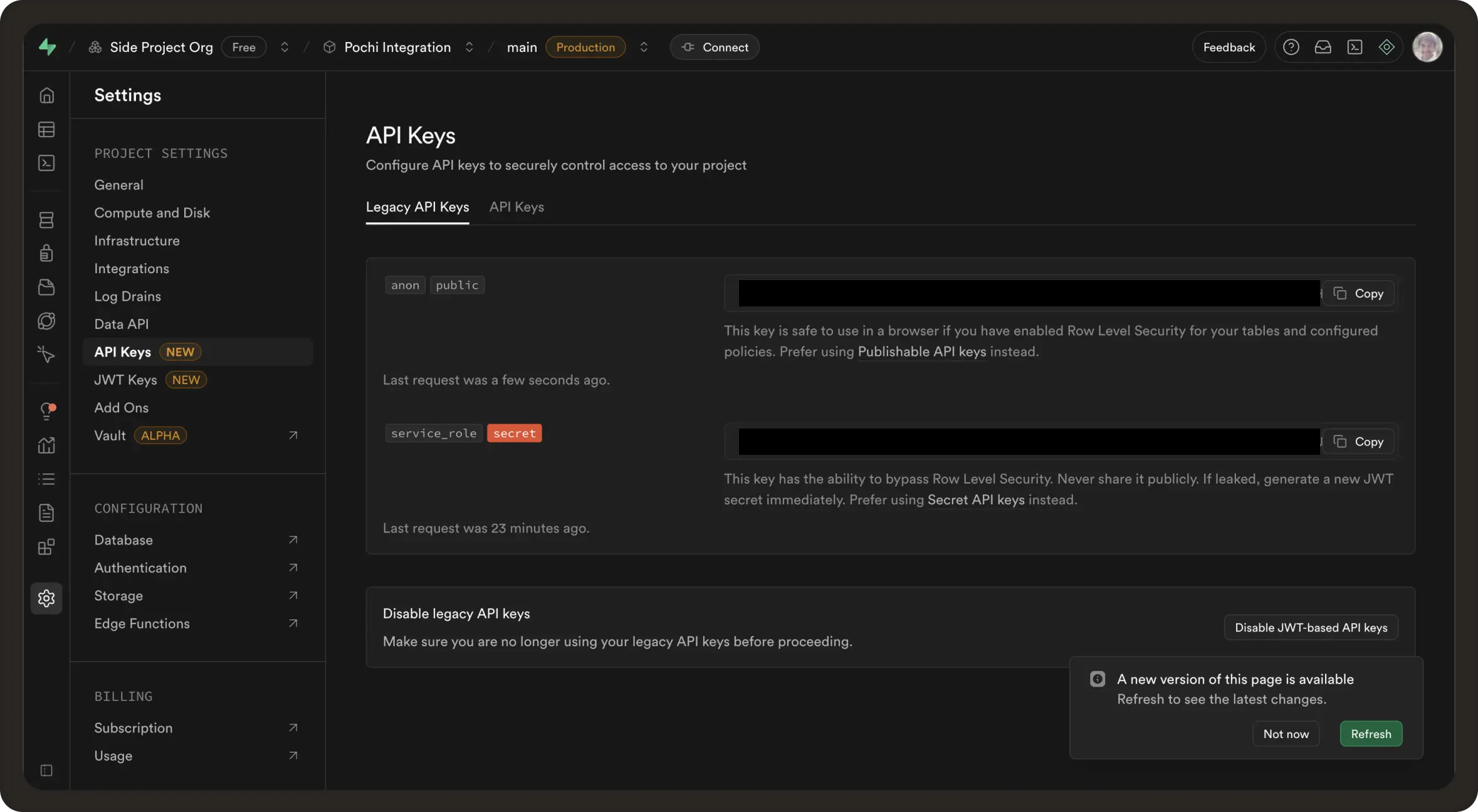 API Keys Supabase Dashboard