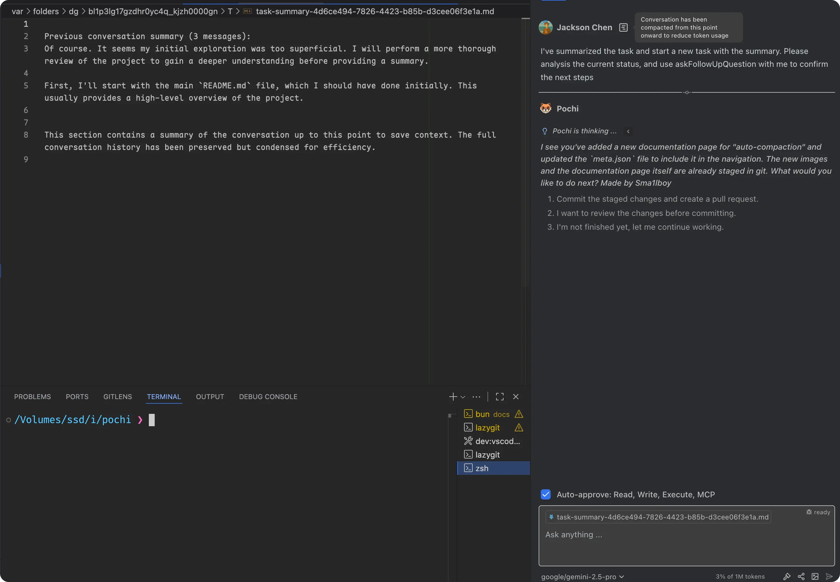 Inline compact summary in current task (expandable)
