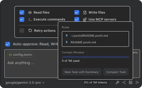 The Prompt Zone provides access to key features like model selection and auto-approval.