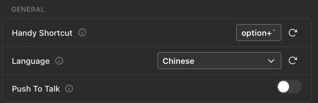 Handy hotkey settings window showing push-to-talk options
