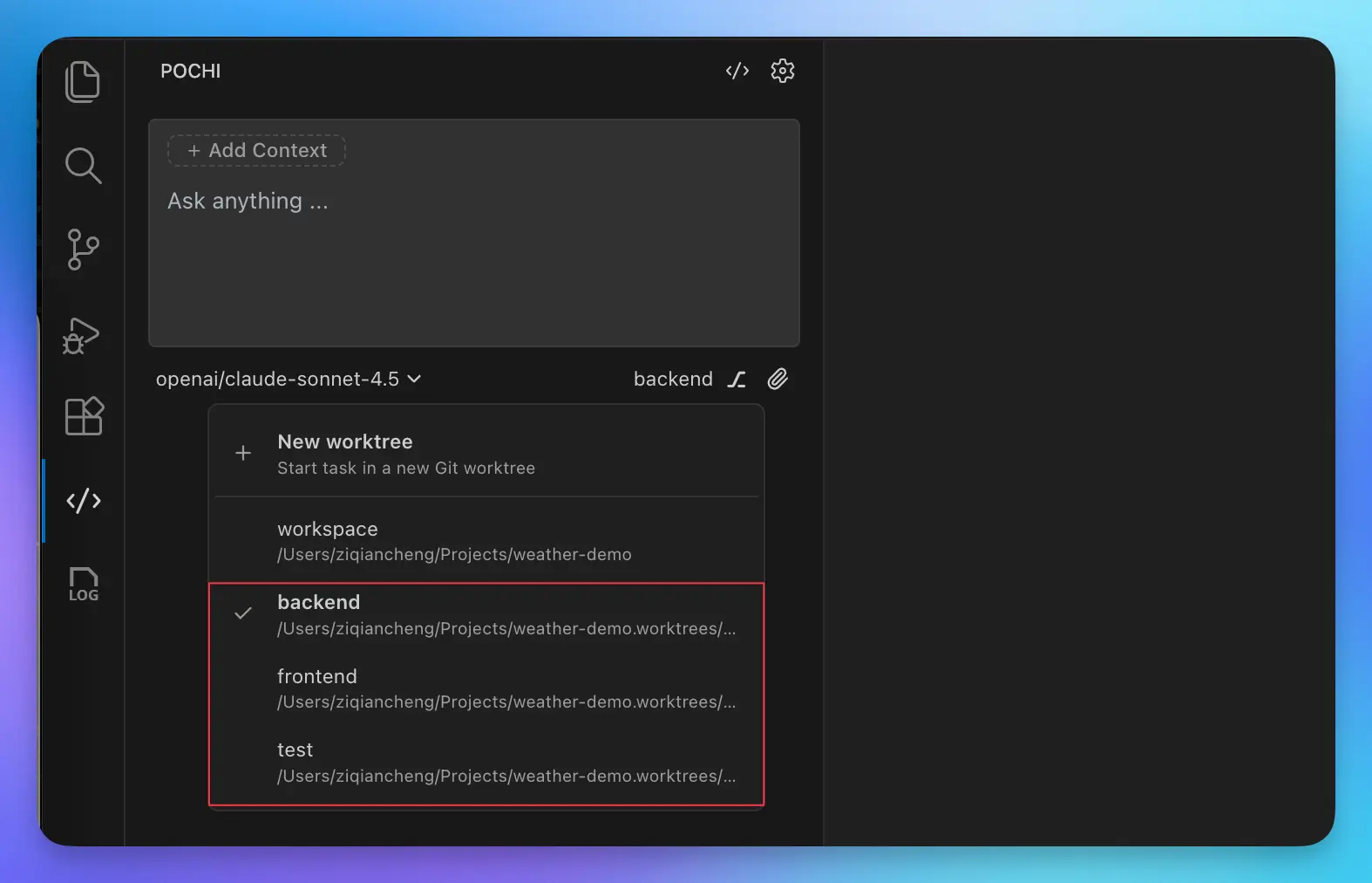 Worktrees in Pochi Sidebar