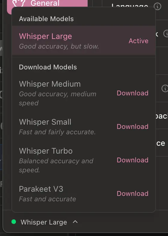 Handy transcription engine settings highlighting Whisper and Parakeet options
